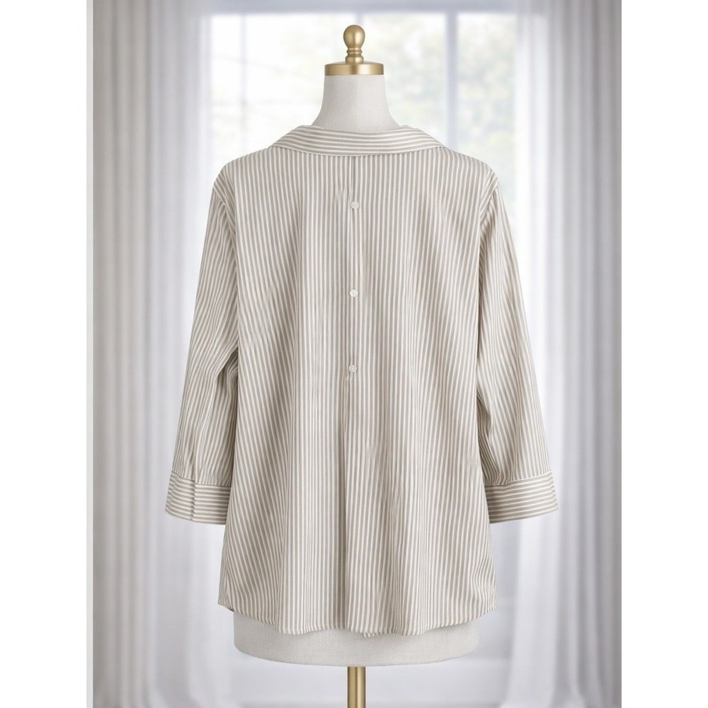 Chicos No Iron Button Up Top 3/4 Sleeve Tan White Striped Cotton Stretch 3 XL - Picture 2 of 10